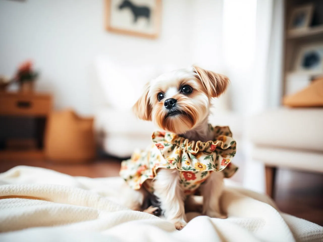 Perrito con vestido floral hecho a mano
